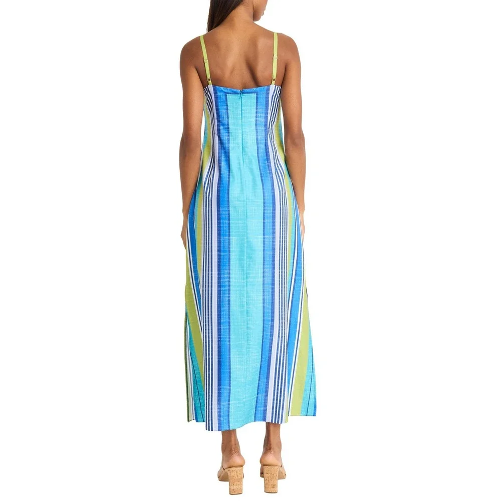Donna Morgan Lime Blue Striped Maxi Dress Spaghetti Strap Side Slit Size 16 NEW - Picture 2 of 16